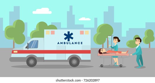 Ambulance Car On Street With Doctors And Patient On Stretcher. Urban Landscape.