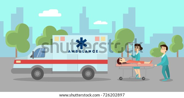 Ambulance car on street with doctors and\
patient on stretcher. Urban\
landscape.