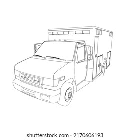 El contorno del coche de ambulancia de las líneas negras aisladas sobre fondo blanco. Vista de perspectiva. 3 D. Ilustración vectorial.