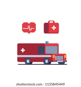 Ambulance car pixel art icon. First aid kit and heart cardiogram. Medicine paramedic transportation. Isolated vector illustration. 8-bit. Design stickers, logo, app.