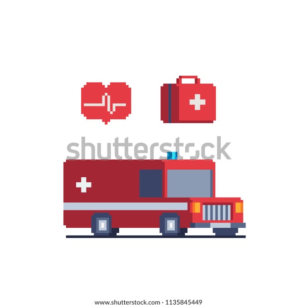 Ambulance car pixel art icon.\
First aid kit and heart cardiogram. Medicine paramedic\
transportation. Isolated vector illustration. 8-bit. Design\
stickers, logo, app.