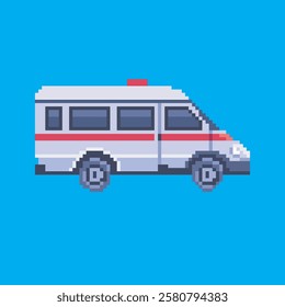 ambulance car pixel art, vector illustration on isolated background.