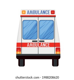 Rückansicht des Krankenwagen. Vektorgrafik eines Krankenwagens im Cartoon-Stil auf weißem Hintergrund.