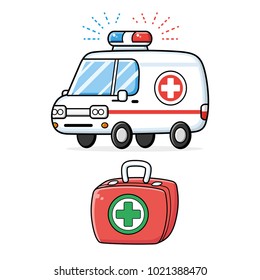 Ambulance car and red medical first aid kit box isolated