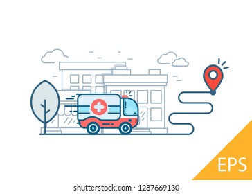 Ambulance car rides. Vector modern line design illustration icon