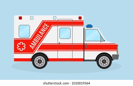 Ambulance car side view. Emergency medical service vehicle. Medicine paramedic transportation. Hospital transport. Flat style vector illustration.