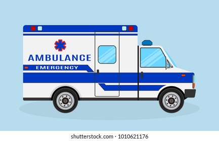 Ambulance car side view. Emergency medical service vehicle. Hospital transport. Medicine transportation van. Flat style vector illustration.