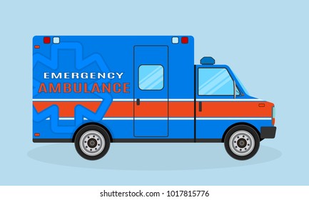 Ambulance car side view. Emergency medical service vehicle in blue and orange colors. Hospital transport. Medicine transportation van. Flat style vector illustration.