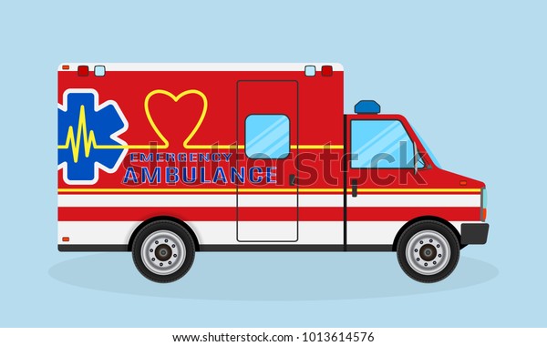 Ambulance car side view. Emergency medical\
service vehicle with heart shape, cardio pulse and medic sign.\
Medics transportation service. Hospital transport. Flat style\
vector illustration.