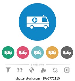 Ambulance car side view flat white icons on round color backgrounds. 6 bonus icons included.