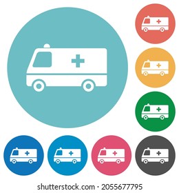 Ambulance car side view flat white icons on round color backgrounds