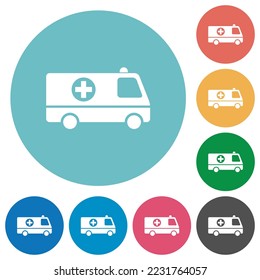 Ambulance car side view flat white icons on round color backgrounds