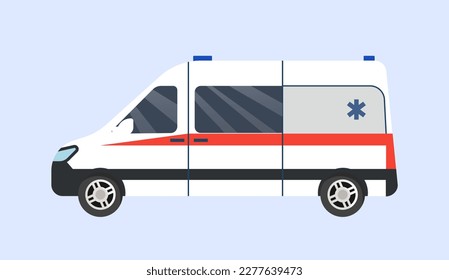 Ambulance car side view. Health care and urgent and emergency help and support. Rescue vehicle van with sirens. Government transport. Template, layout and mockup. Cartoon flat vector illustration