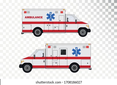 Ambulance car side view. Paramedics car transparent background. Medical car set.