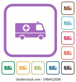 Ambulance car side view simple icons in color rounded square frames on white background