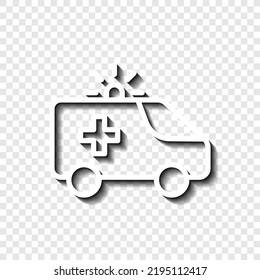 Ambulance car simple icon vector. Flat design. White with shadow on transparent grid. 