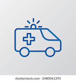 Ambulance car simple icon vector. Flat design. Paper cut design. Cutted blue symbol with shadow. Gray background.ai