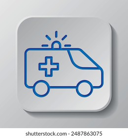 Vector de icono simple de coche de ambulancia. Diseño plano. Diseño de corte de papel. Símbolo azul cortado con sombra. Insignia gris Botón, fondo gris.ai