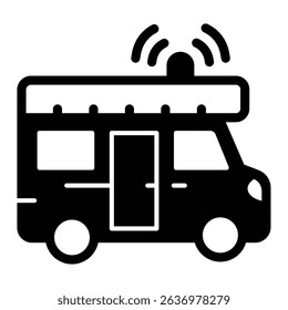 Ambulance car with siren solid icon, charitable medicine concept. Vector graphics. Medical assistance, emergency vehicle sign on white background, style mobile or design