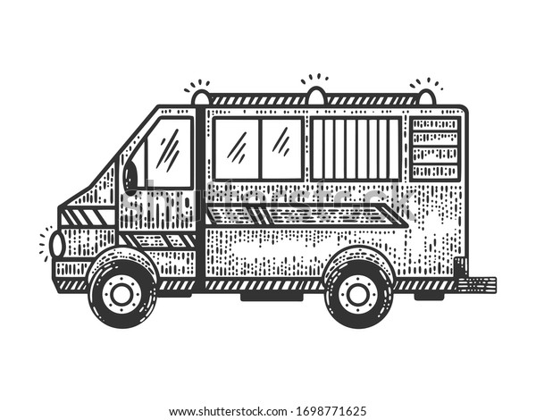 Ambulance car sketch engraving vector\
illustration. T-shirt apparel print design. Scratch board\
imitation. Black and white hand drawn\
image.