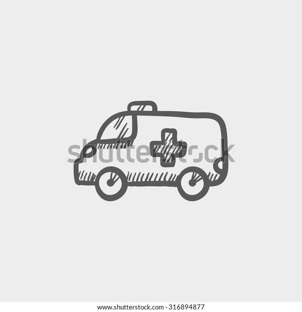 Ambulance car sketch icon for web, mobile and\
infographics. Hand drawn vector dark grey icon isolated on light\
grey background.