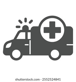 Ambulance car solid icon, medical emergency service concept. Vector graphics. Bus with plus sign on white background, glyph style icon for mobile or web design