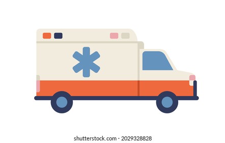 Ambulance car with star of life emblem. Medical emergency vehicle. Side view of paramedic van. Rescue truck of medic service, aid and assistance. Flat vector illustration isolated on white background