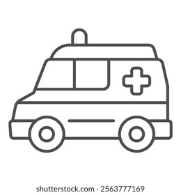 Ambulance car thin line icon, emergency service concept. Vector graphics. Paramedic rescue van with siren lamp, plus sign on white background, outline style icon for mobile or web design