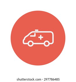Ambulance car thin line icon for web and mobile minimalistic flat design. Vector white icon inside the red circle.