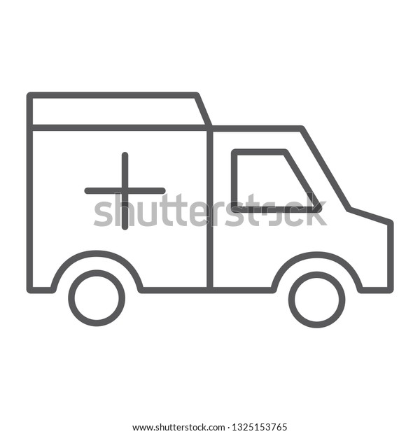 Ambulance car thin line icon, medical and emergency,\
hospital car sign, vector graphics, a linear pattern on a white\
background, eps 10.