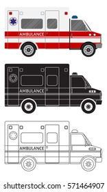 Ambulance car in three different styles: color, black silhouette, contour. Emergency medical service vehicle. Hospital transport. Flat style vector illustration.