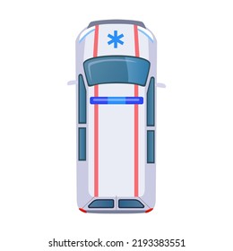 Auto de ambulancia. Vista superior del colorido icono plano del coche. Tejidos de diferentes transportes, camiones y colección de ilustraciones vectoriales de vehículos. Transporte público y privado