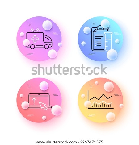 Ambulance car, Trade infochart and Swipe up minimal line icons. 3d spheres or balls buttons. Medical analyzes icons. For web, application, printing. Vector