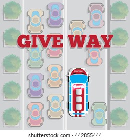 Ambulance car in a traffic jam. View from above. Vector illustration.