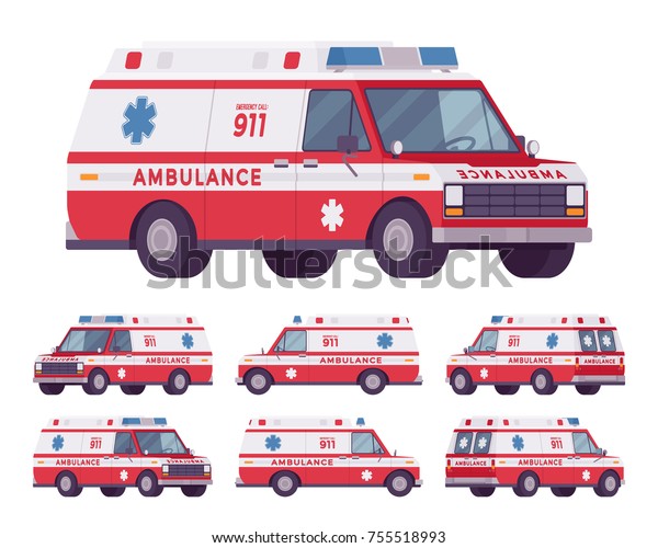 Ambulance car van rescue set. Emergency\
disaster vehicle, modern transport with warning lights and sirens\
for urgent help. Vector flat style cartoon illustration isolated on\
white background