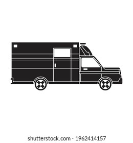 Icono negro del vector del vehículo de ambulancia. Vehículo de emergencia de ilustración vectorial sobre fondo blanco. Icono de ilustración negra aislada de emergencia de ambulancia.