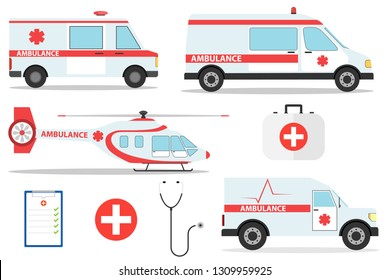 Ambulance car vector emergency ambulance-service vehicle or van and medical care transport in hospital illustration. Medical concept. Detailed illustration of ambulance cars and helicopter in flat sty
