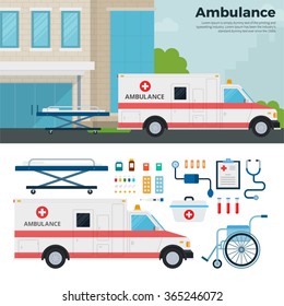 Ambulance car vector flat illustrations. First aid car standing near the hospital. Healthcare concept. Doctor equipment, pills,  wheelchair and car isolated on white background