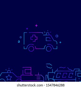 Ambulance car vector gradient line icon, illustration, symbol or pictogram, sign. Dark blue background. Related bottom border.