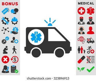 Ambulance Car vector icon. Style is bicolor flat symbol, blue and gray colors, rounded angles, white background.