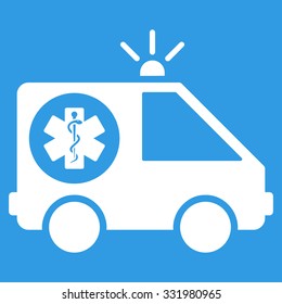 Ambulance Car vector icon. Style is flat symbol, white color, rounded angles, blue background.