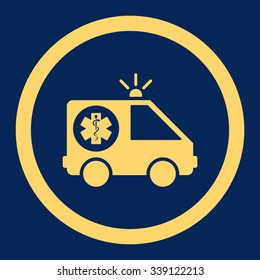 Ambulance Car vector icon. Style is flat rounded symbol, yellow color, rounded angles, blue background.