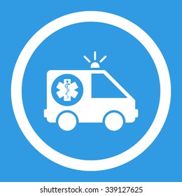 Ambulance Car vector icon. Style is flat rounded symbol, white color, rounded angles, blue background.