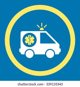 Ambulance Car vector icon. Style is bicolor flat rounded symbol, yellow and white colors, rounded angles, blue background.