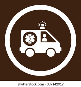 Ambulance Car vector icon. Style is flat rounded symbol, white color, rounded angles, brown background.