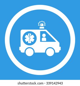 Ambulance Car vector icon. Style is flat rounded symbol, white color, rounded angles, blue background.