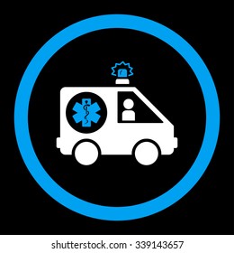 Ambulance Car vector icon. Style is bicolor flat rounded symbol, blue and white colors, rounded angles, black background.