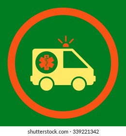 Ambulance Car vector icon. Style is bicolor flat rounded symbol, orange and yellow colors, rounded angles, green background.