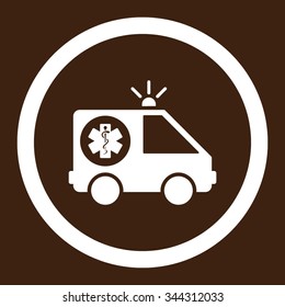 Ambulance Car vector icon. Style is flat rounded symbol, white color, rounded angles, brown background.