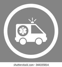 Ambulance Car vector icon. Style is flat rounded symbol, white color, rounded angles, gray background.